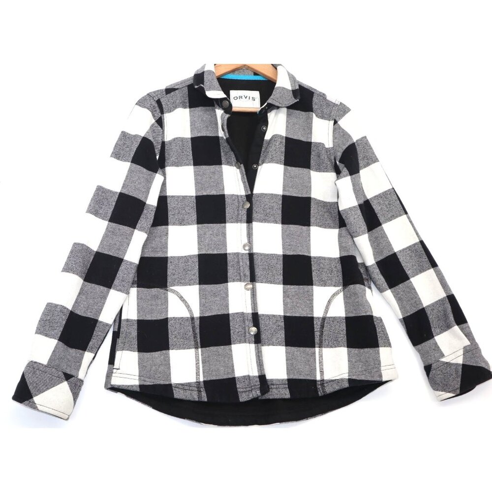 Orvis Womens Black & White Buffalo Plaid Snap-Front Jacket With Fleece Lining M